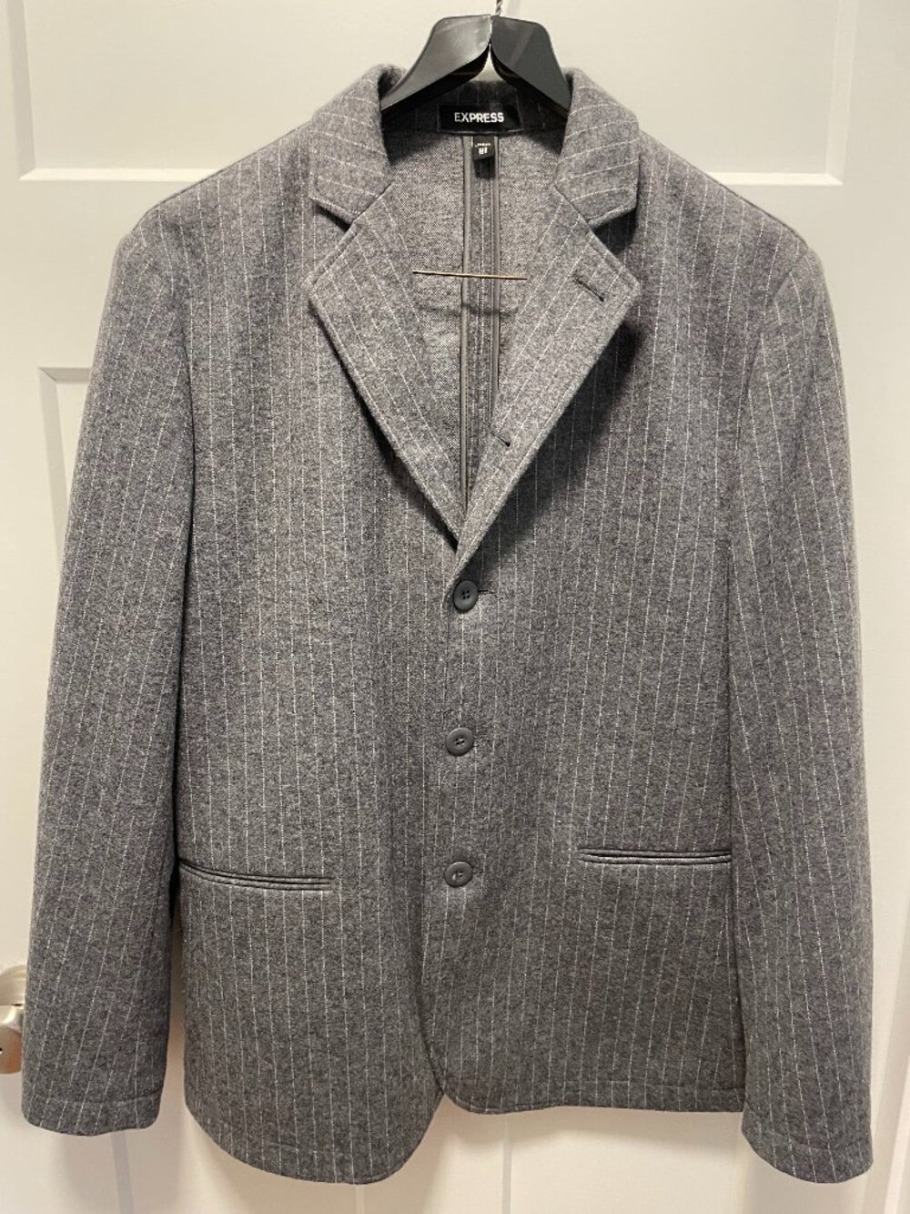 Express Gray Flannel Minimalist Pinstripe Suit Set 38S Jacket 30x30 Tapered Pant